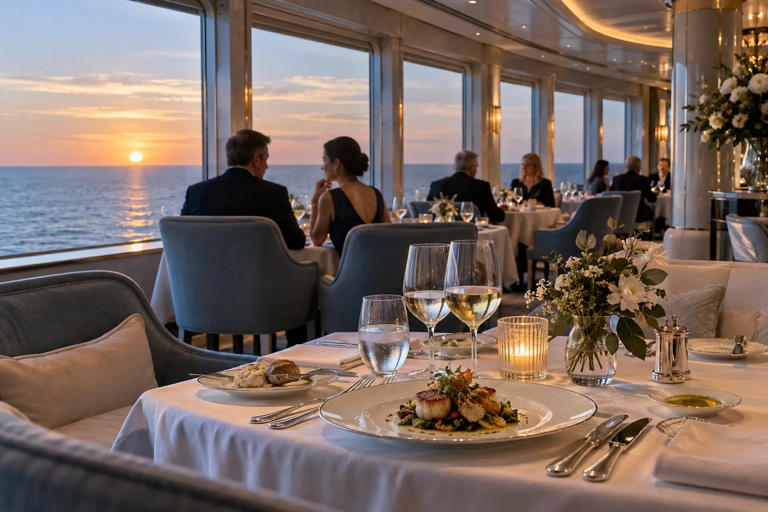 Refined shipboard dining room with sunset sea views and carefully set tables